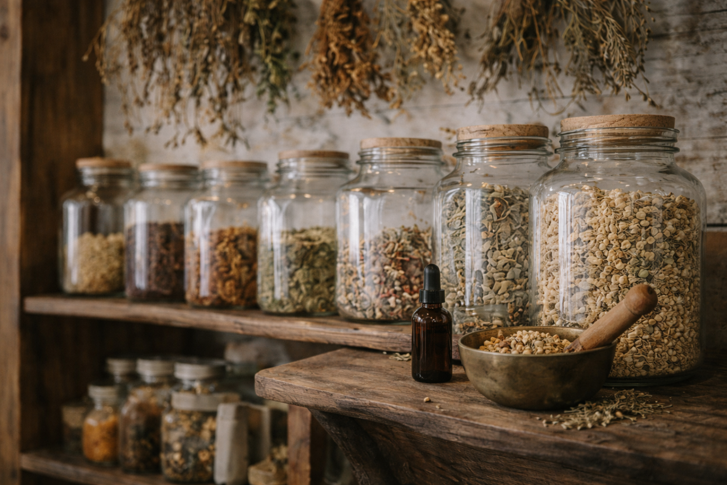 Jars of dried herbs and grains on a wooden shelf with a rustic background