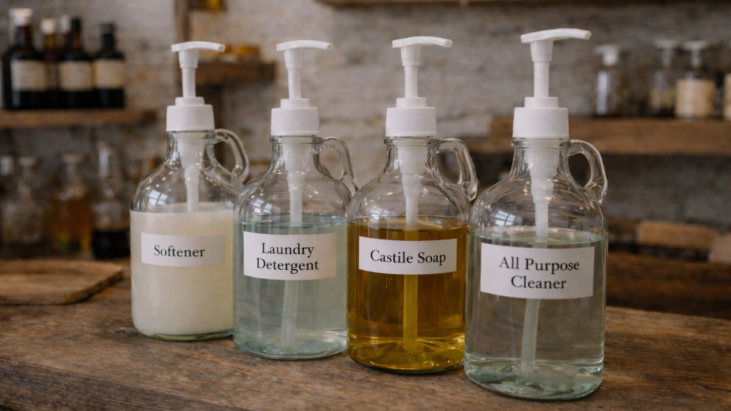 Four glass bottles with pump dispensers labeled 'Softener', 'Laundry Detergent', 'Castile Soap', and 'All Purpose Cleaner' on a wooden surface.