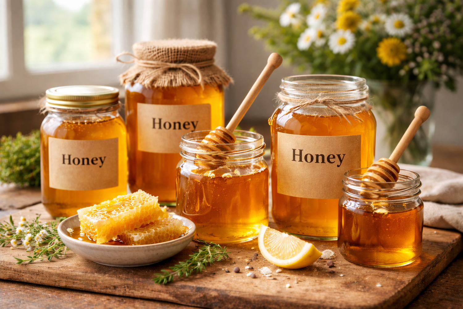 Jars of honey with honeycomb and lemons on a wooden board.